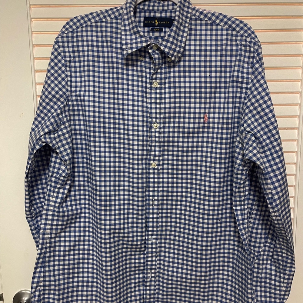 Checkered Blue Polo Ralph Lauren Button Up with Pink Logo